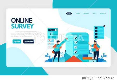 Landing page online survey. Exams Choices Flat character for learning and survey consultants. research feedback opinion, choice checklist. for banner, illustration, web, website, mobile apps, flyer 85325437