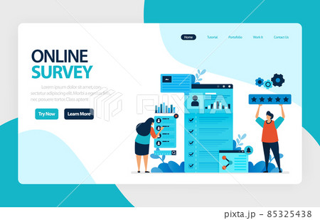 Landing page online survey. Exams Choices Flat character for learning and survey consultants. research feedback opinion, choice checklist. for banner, illustration, web, website, mobile apps, flyer 85325438