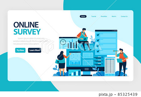 Landing page online survey. Satisfaction feedback, review form service, Exams Choices Flat character for learning and survey consultants. for banner, illustration, web, website, mobile apps, flyer 85325439