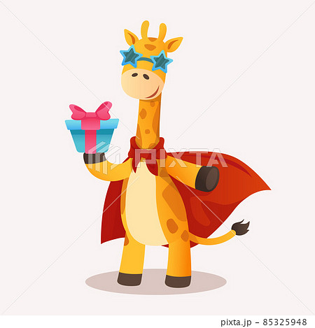 Cartoon Spotted Giraffe in red cloack with present. Vector savanna character for print, tshirt design and greeting card 85325948