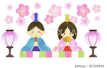 ひなまつり　おひなさま　桃の花とひな人形のかわいいイラスト 85326092