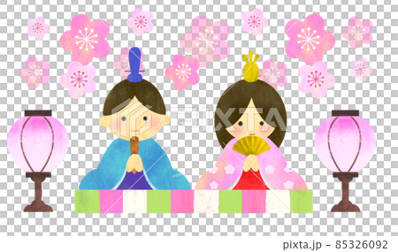 ひなまつり　おひなさま　桃の花とひな人形のかわいいイラスト 85326092