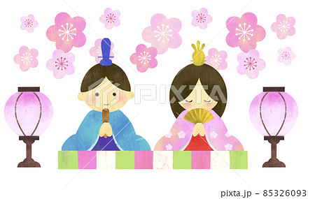 ひなまつり　おひなさま　桃の花とひな人形のかわいいイラスト 85326093