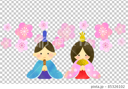 ひなまつり おひなさま 桃の花とひな人形のかわいいイラストのイラスト