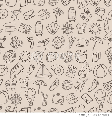 Coffee colored seamless pattern with doodle painted cartoon travel items Coffee colored seamless pattern with doodle painted cartoon travel items 85327064