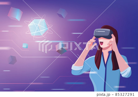 Virtual Reality Worlds Metaverse, Women in virtual reality glasses and Blockchain technology background. cryptography hash and transaction data, Metaverse, a Virtual World concept. vector illustration 85327291