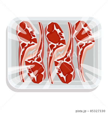 Steak on the bone. A piece of meat in a vacuum pack. Pork and beef in a plastic tray. Vector illustration. Steak on the bone. A piece of meat in a vacuum pack. Pork and beef in a plastic tray. Vector illustration. 85327330