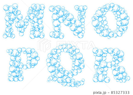Alphabet of soap bubbles. Water suds letters m, n, o, p, q, r. Realistic vector font isolated on white background 85327333