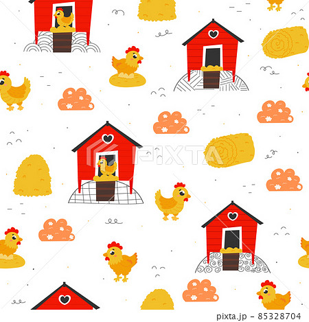 Seamless pattern with cartoon hens and houses with doodle elements in childish style on white background, farm life 85328704
