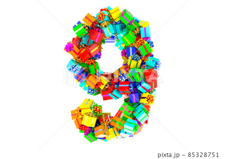 Number 9, from colored gift boxes, 3D rendering 85328751
