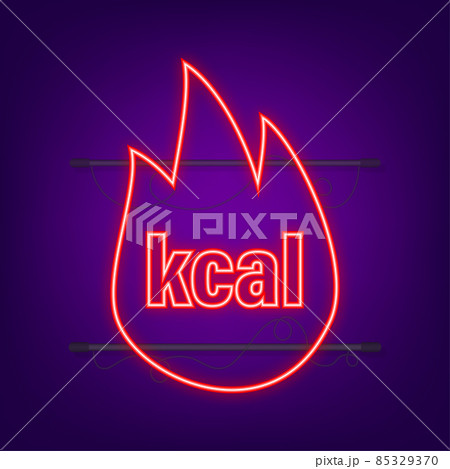 Kilocalorie neon emblem, kcal reduction. Zero calories diet program packaging. Vector stock illustration. 85329370