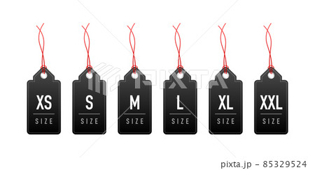 Size clothes tag set in flat style on red background. Vector flat illustration. Set collection. 85329524