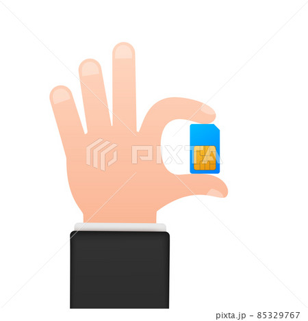 Vector Mobile Cellular Phone Sim Card in hands. Chip Isolated on white Background. 85329767