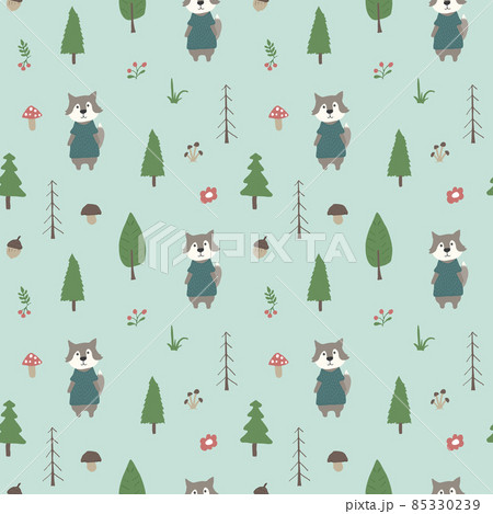 Cute wolf Seamless pattern. Cartoon Animals in forest background. Vector illustration Cute wolf Seamless pattern. Cartoon Animals in forest background. Vector illustration 85330239