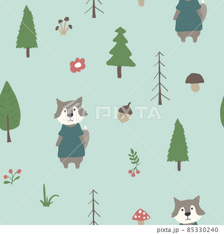 Cute wolf Seamless pattern. Cartoon Animals in forest background. Vector illustration Cute wolf Seamless pattern. Cartoon Animals in forest background. Vector illustration 85330240