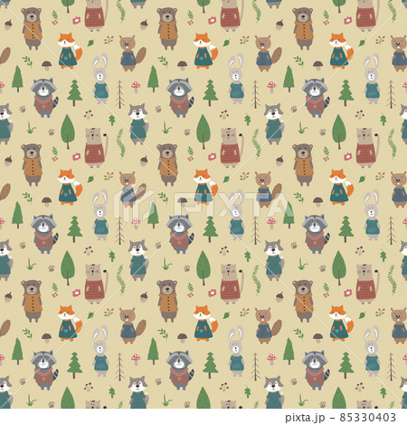 Cute animals Seamless pattern. Cartoon Animals in forest background. Vector illustration 85330403