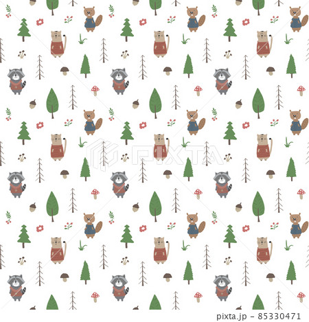 Cute animals Seamless pattern. Cartoon Animals in forest background. Vector illustration 85330471