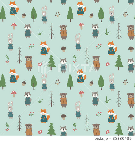 Cute animals Seamless pattern. Cartoon Animals in forest background. Vector illustration 85330489