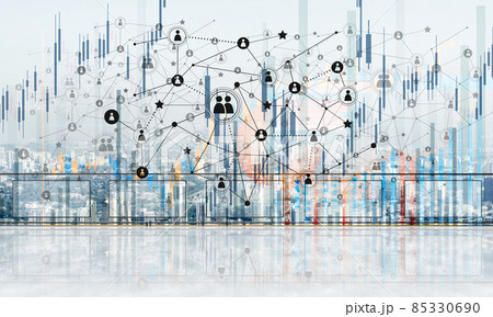 Concept of global communication and networking with world map over cityscape Concept of global communication and networking with world map over cityscape 85330690
