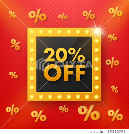 Light 20 percent discount in retro style on red background. Vintage, retro design. Isolated background. Sale banner. Discount banner design. Light 20 percent discount in retro style on red background. Vintage, retro design. Isolated background. Sale banner. Discount banner design. 85330761