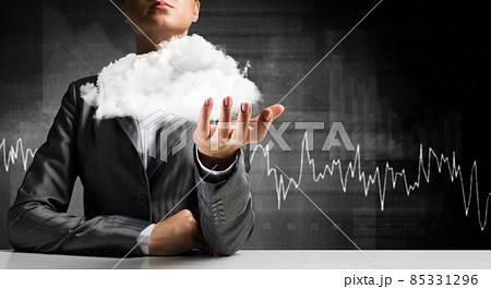 Woman presenting cloud in her hand. Woman presenting cloud in her hand. 85331296