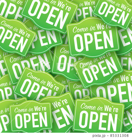 Come in we're open hanging sign sticker pattern. Sign for door. Vector illustration. Come in we're open hanging sign sticker pattern. Sign for door. Vector illustration. 85331308