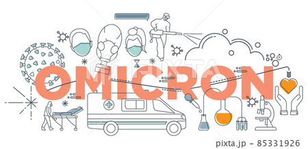 Hand drawn doodle epidemiology concept, Coronavirus disease COVID-19 Omicron infection vector medical illustration. Dangerous pathogen respiratory influenza virus cells of World pandemic risk design. 85331926