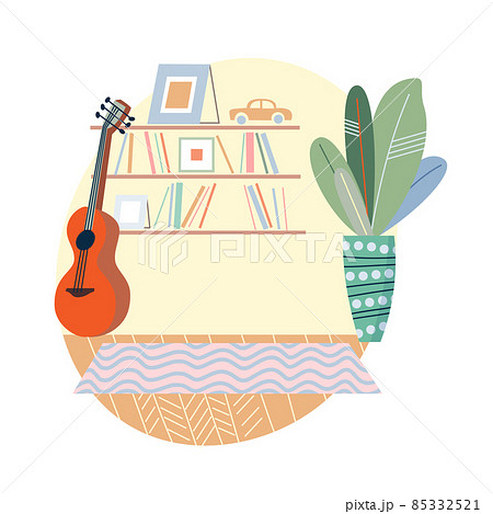 Cozy home apartment interior, cute room with furniture, books on bookshelf, guitar 85332521