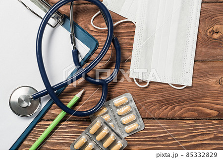 Desk of doctor with medicine things Desk of doctor with medicine things 85332829