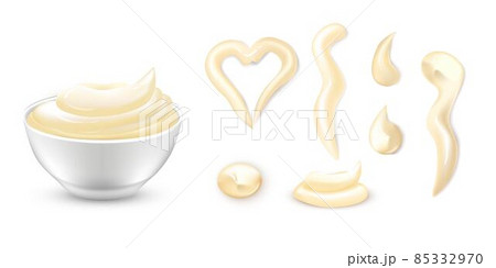 Mayonnaise sauce in bowl, dips and drips set. Round plate with mayo vector illustration. Portions of different shapes of gourmet seasoning isolated on white background. Tasty creamy dressing 85332970