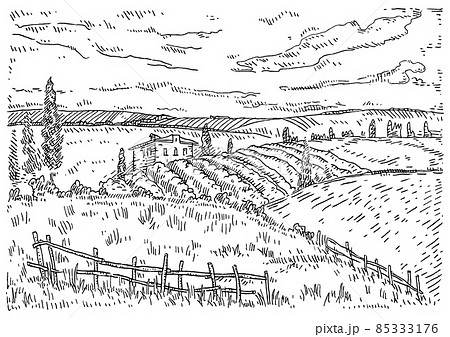 Rural landscape with villa, fields and hills. Vintage engraving isolated on white 85333176