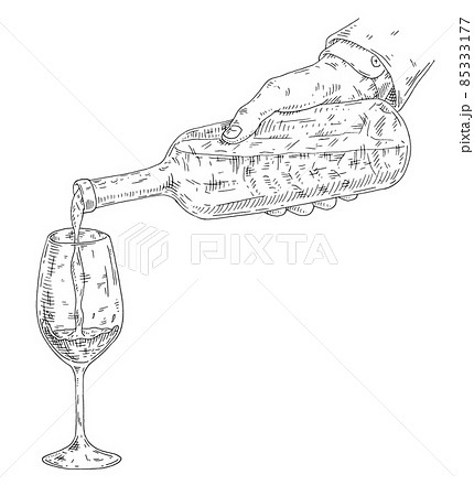 Male hand pours wine from bottles into a glass. Vintage black engraving 85333177