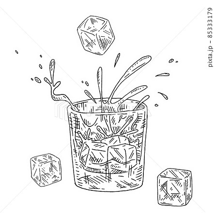 Glass whiskey with flying splash and falling ice cube. Vintage black engraving 85333179