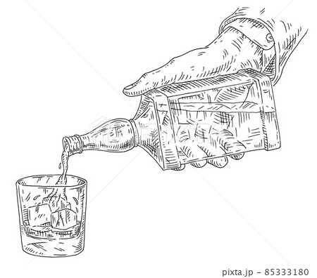 Male hand pours whiskey from bottles into a glass. Vintage vector black engraving 85333180