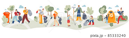 People cleaning environment, collecting garbage in containers with recycle sign People cleaning environment, collecting garbage in containers with recycle sign 85333240