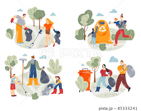 People cleaning environment set, collecting garbage in containers with recycle sign 85333241