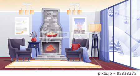 Winter cabin with fireplace interior design background. Vacation at ski resort vector illustration. Apartment with armchairs, fire, posters, window view on slopes and trees 85333275