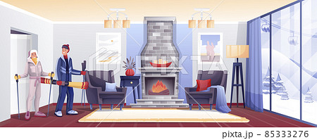 People in winter cabin. Family enjoying vacation at ski resort vector illustration. Man and woman in clothes and hats with skis in apartment with fireplace and window view on slopes 85333276