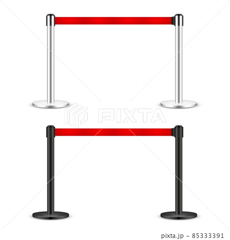 Realistic vector retractable belt stanchion. Crowd control barrier posts with caution strap. Queue 85333391