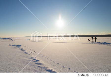 Frozen winter Curonian lagoon covered with ice and white snow. Blue sky and 3 human silhouettes in sun light. 85333548