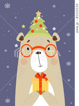 Postcard with cute bear in glasses in hat with Christmas tree and gift on purple background with snowflakes. Vertical vector illustration in flat style. card for print and design 85333550