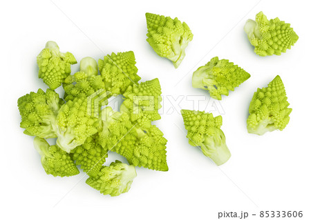 Romanesco broccoli cabbage or Roman Cauliflower isolated on white background with clipping path. Top view. Flat lay 85333606