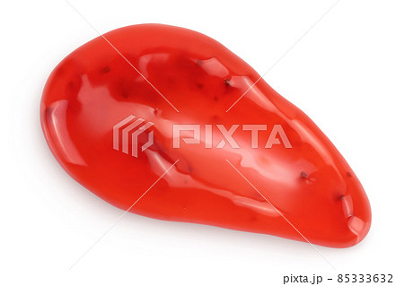 Red strawberry jam isolated on white background with clipping path and full depth of field, Top view. Flat lay 85333632