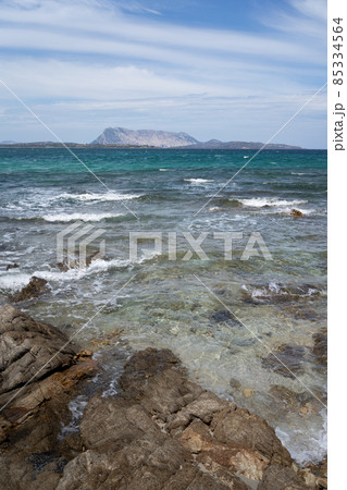beautiful view of the wavy sea on the east coast of Sardinia in Italy Europe 85334564