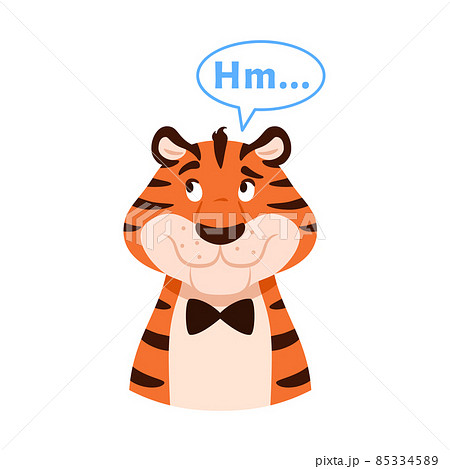 Flat happy smiling thinking striped tiger portrait isolated on white. Cute funny wild cat head. New Year 2022 Chinese symbol. Holiday animal thoughtful character with speech bubble illustration 85334589