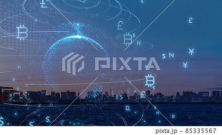 デジタル通貨と伝統通貨のつながり グローバル化したデジタル通貨のイメージ デジタル通貨と伝統通貨のつながり グローバル化したデジタル通貨のイメージ 85335567