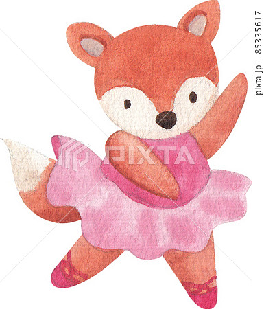 Cute cartoon animal characters dancing ballet. Little fox ballerinas in pink tutu. Kawaii and simple hand drawn watercolor 85335617
