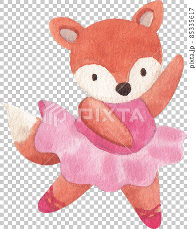 Cute cartoon animal characters dancing ballet. Little fox ballerinas in pink tutu. Kawaii and simple hand drawn watercolor 85335617