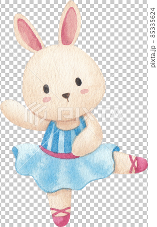 Cute cartoon animal characters dancing ballet. Little rabbit and bunny ballerinas in pink tutu. Kawaii and simple hand drawn watercolor 85335624