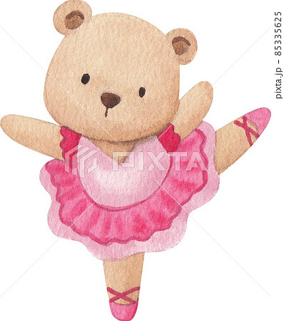 Cute cartoon animal characters dancing ballet. Little bear  ballerinas in pink tutu. Kawaii and simple hand drawn watercolor 85335625